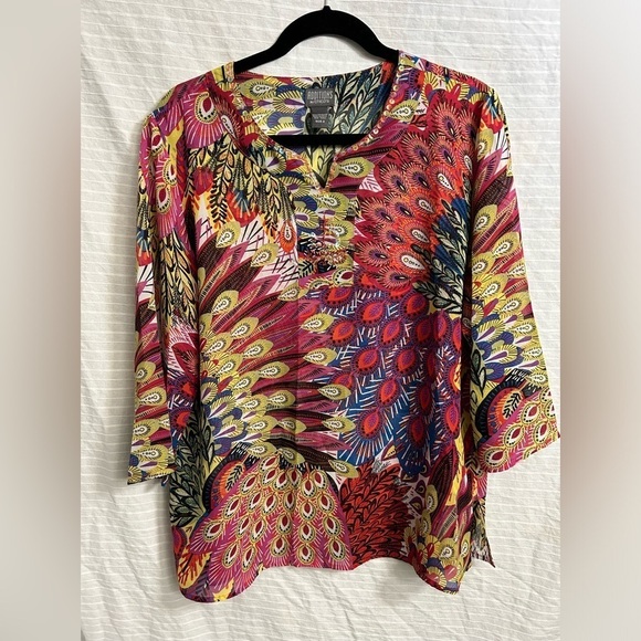 Additions By Chico's Women's Printed Leaf Abstract 3/4 Sleeve Blouse size 2 (M) - Picture 1 of 7